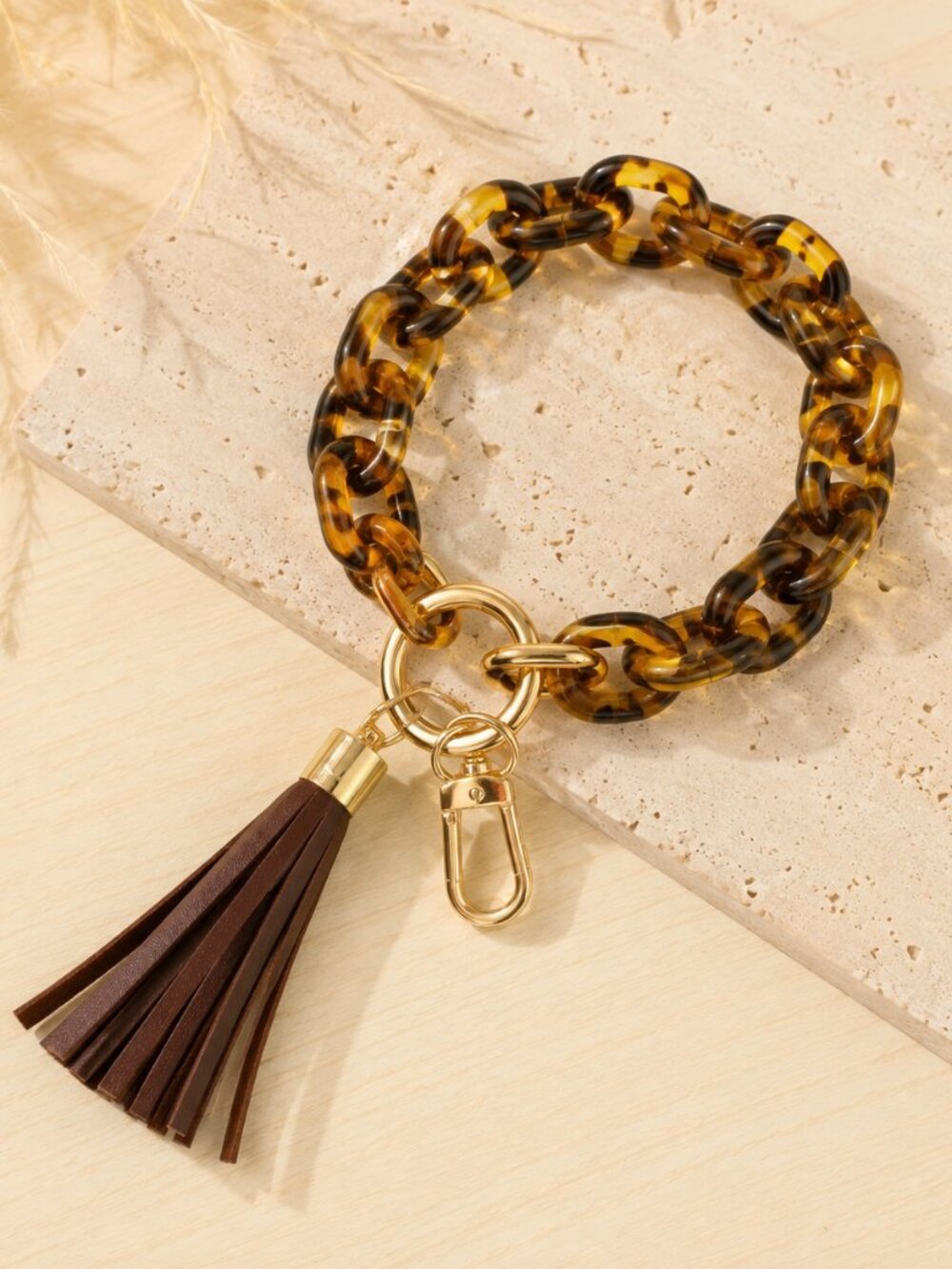 Tortoise Shell Acrylic Key Ring Bracelet Wristlet Tassel Brown Gold NWT